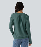 V Neck Ruched Long Sleeve Casual Top — Jade Green Floral Yarn — view 2