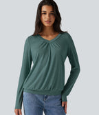 V Neck Ruched Long Sleeve Casual Top — Jade Green Floral Yarn — view 1