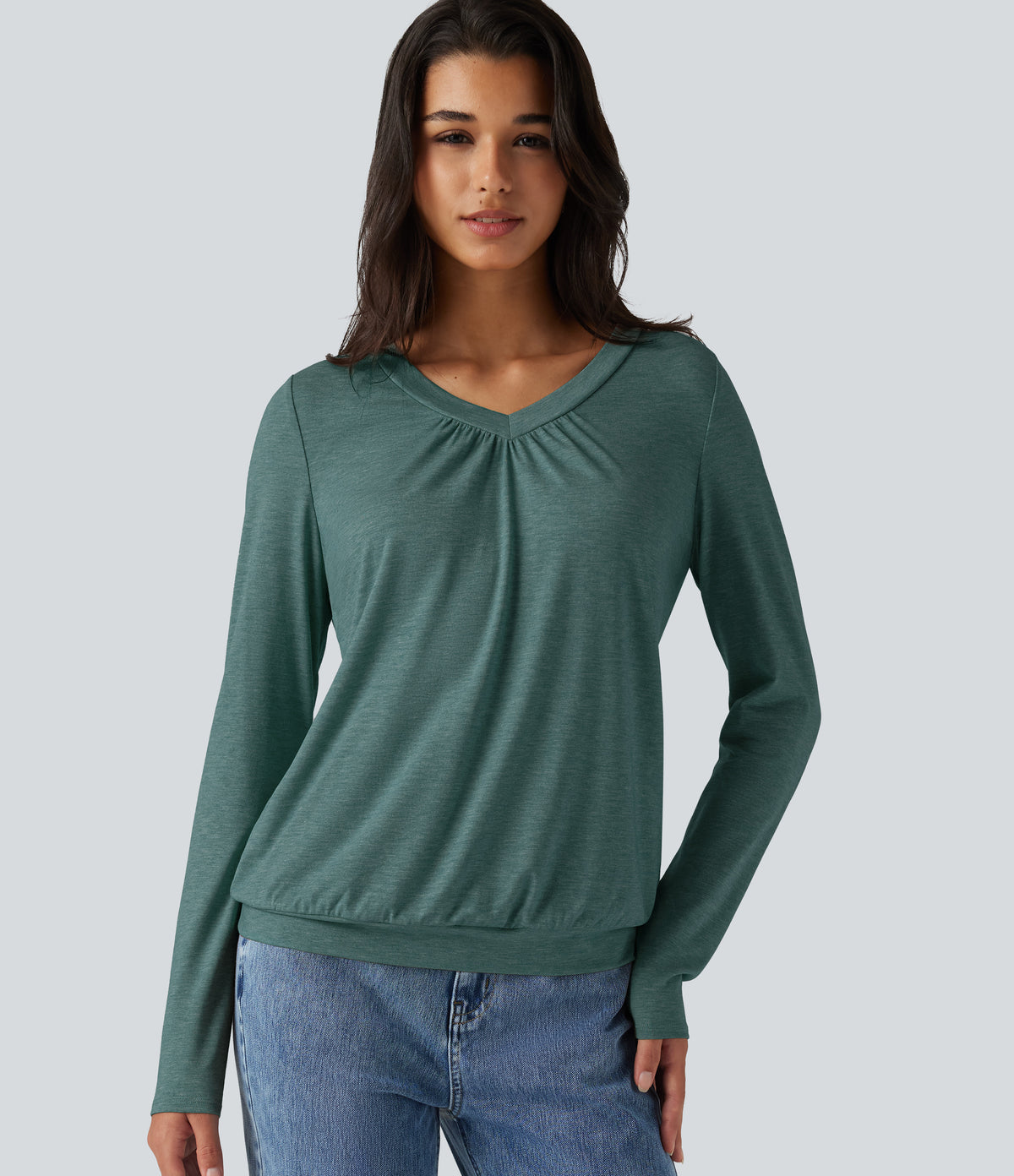 V Neck Ruched Long Sleeve Casual Top — Jade Green Floral Yarn — view 1