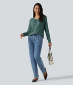 V Neck Ruched Long Sleeve Casual Top — Jade Green Floral Yarn — view 7