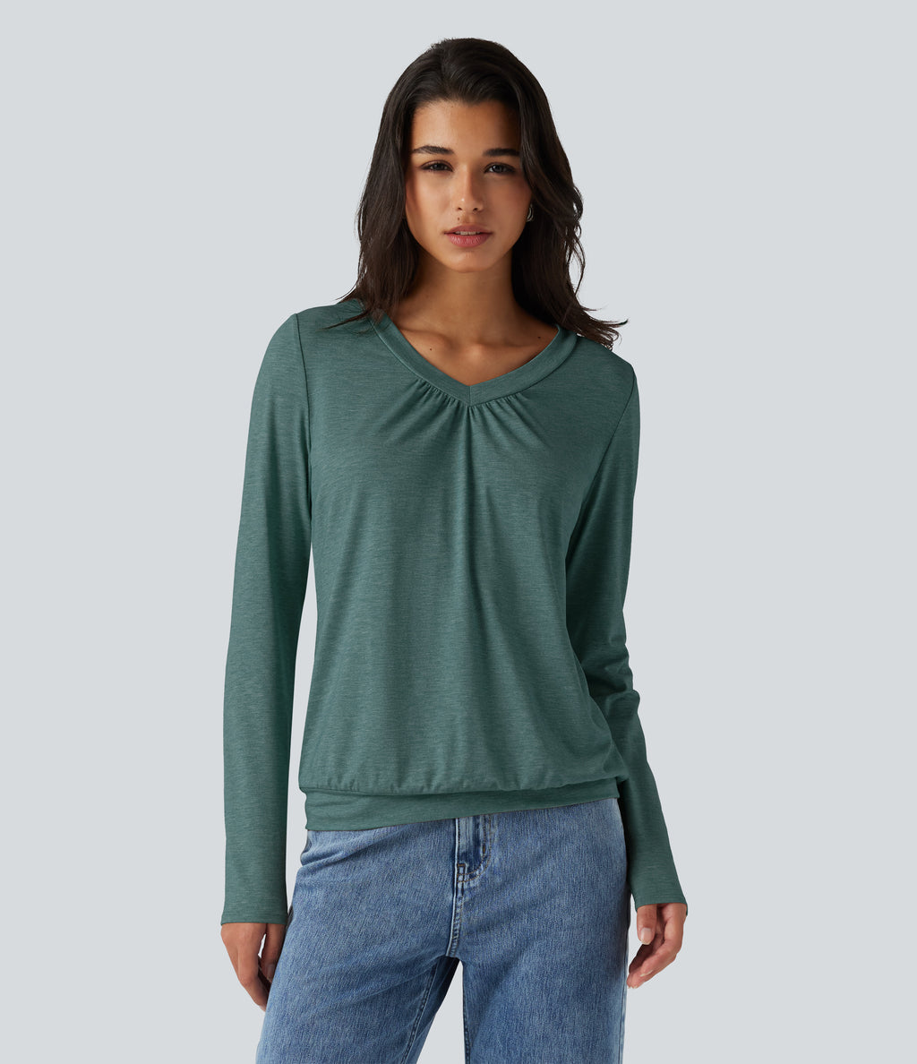 V Neck Ruched Long Sleeve Casual Top — Jade Green Floral Yarn — view 4