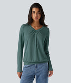 V Neck Ruched Long Sleeve Casual Top — Jade Green Floral Yarn — view 4