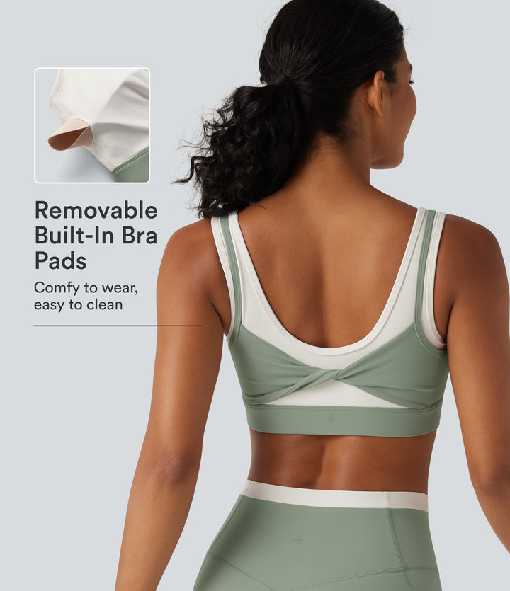 Medium Support U Neck Built-in Bra Twisted Color Block Yoga Sports Bra — Iceberg Green — view 1