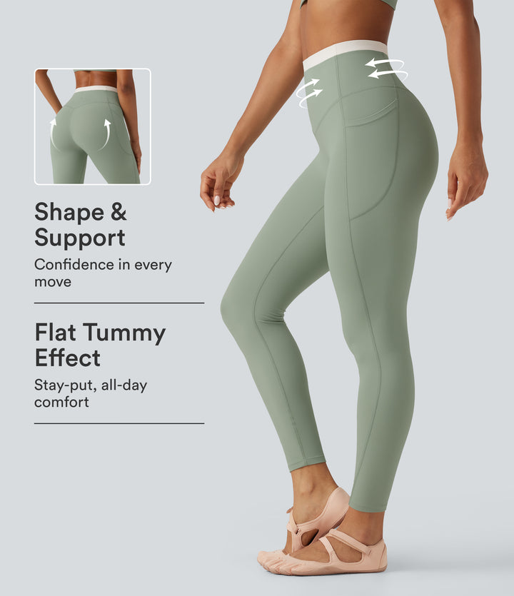 High Waisted Tummy Control Color Block Skinny Yoga Leggings with Pockets — Iceberg Green — view 1