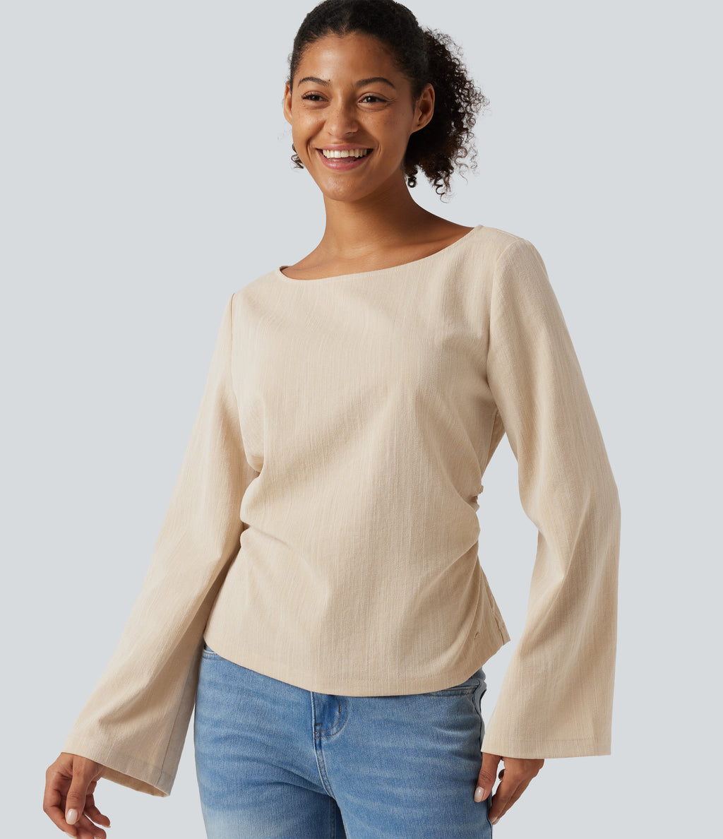 Boat Neck Long Sleeve Lace Up Casual Linen-Feel Blouse — Dune Mirage — view 1