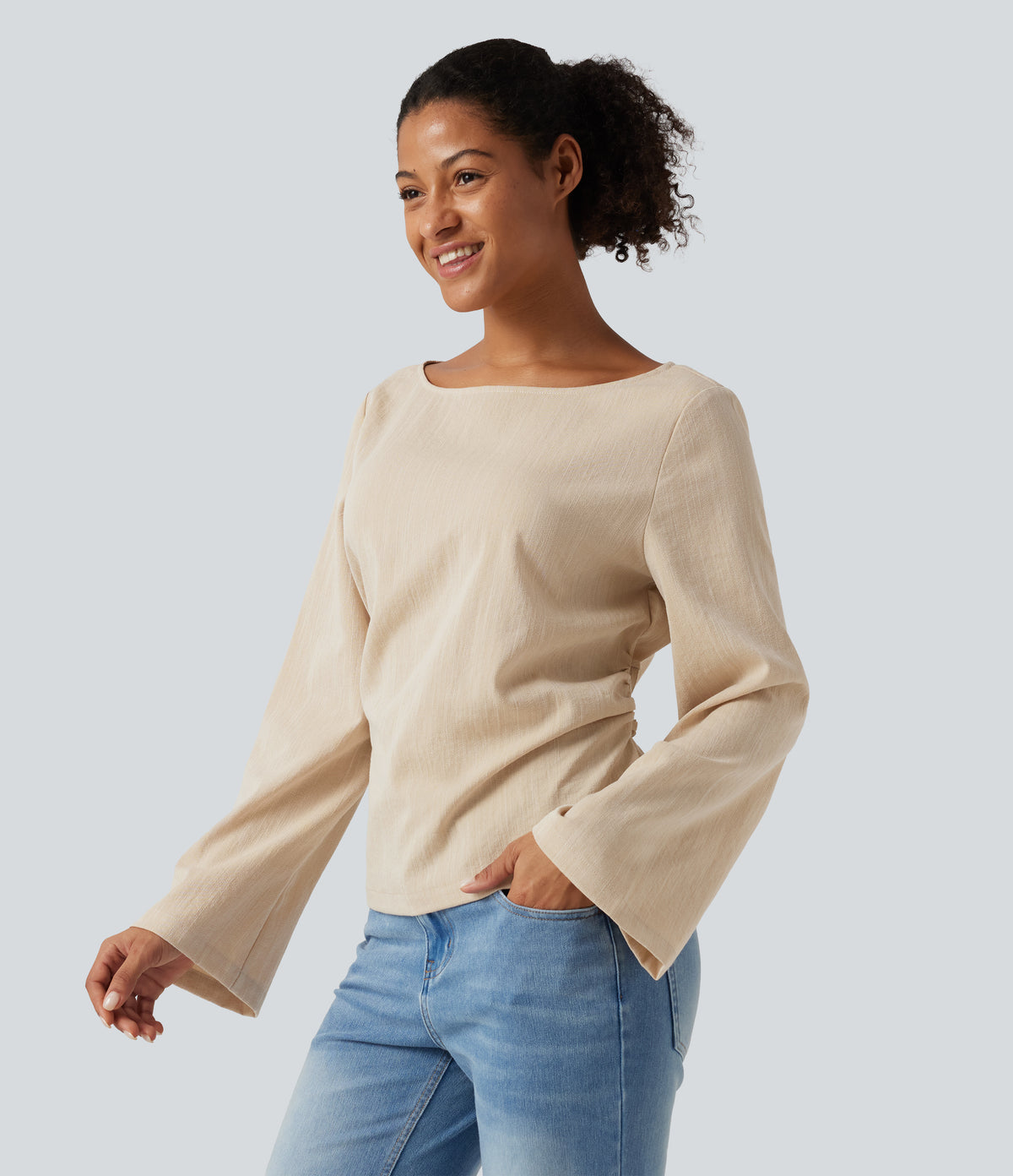 Boat Neck Long Sleeve Lace Up Casual Linen-Feel Blouse — Dune Mirage — view 3