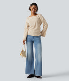 Boat Neck Long Sleeve Lace Up Casual Linen-Feel Blouse — Dune Mirage — view 8