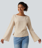 Boat Neck Long Sleeve Lace Up Casual Linen-Feel Blouse — Dune Mirage — view 4