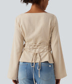 Boat Neck Long Sleeve Lace Up Casual Linen-Feel Blouse — Dune Mirage — view 5