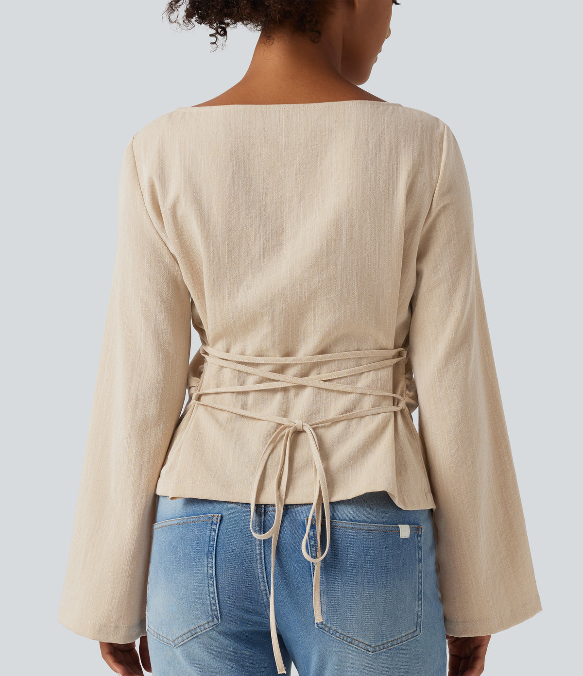 Boat Neck Long Sleeve Lace Up Casual Linen-Feel Blouse — Dune Mirage — view 5