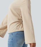 Boat Neck Long Sleeve Lace Up Casual Linen-Feel Blouse — Dune Mirage — view 6