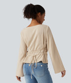 Boat Neck Long Sleeve Lace Up Casual Linen-Feel Blouse — Dune Mirage — view 2
