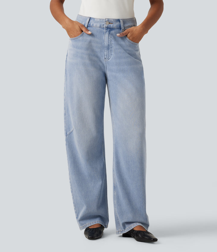 High Waisted Barrel Leg Casual Jeans with Pockets — Malibu Blue Denim — view 1