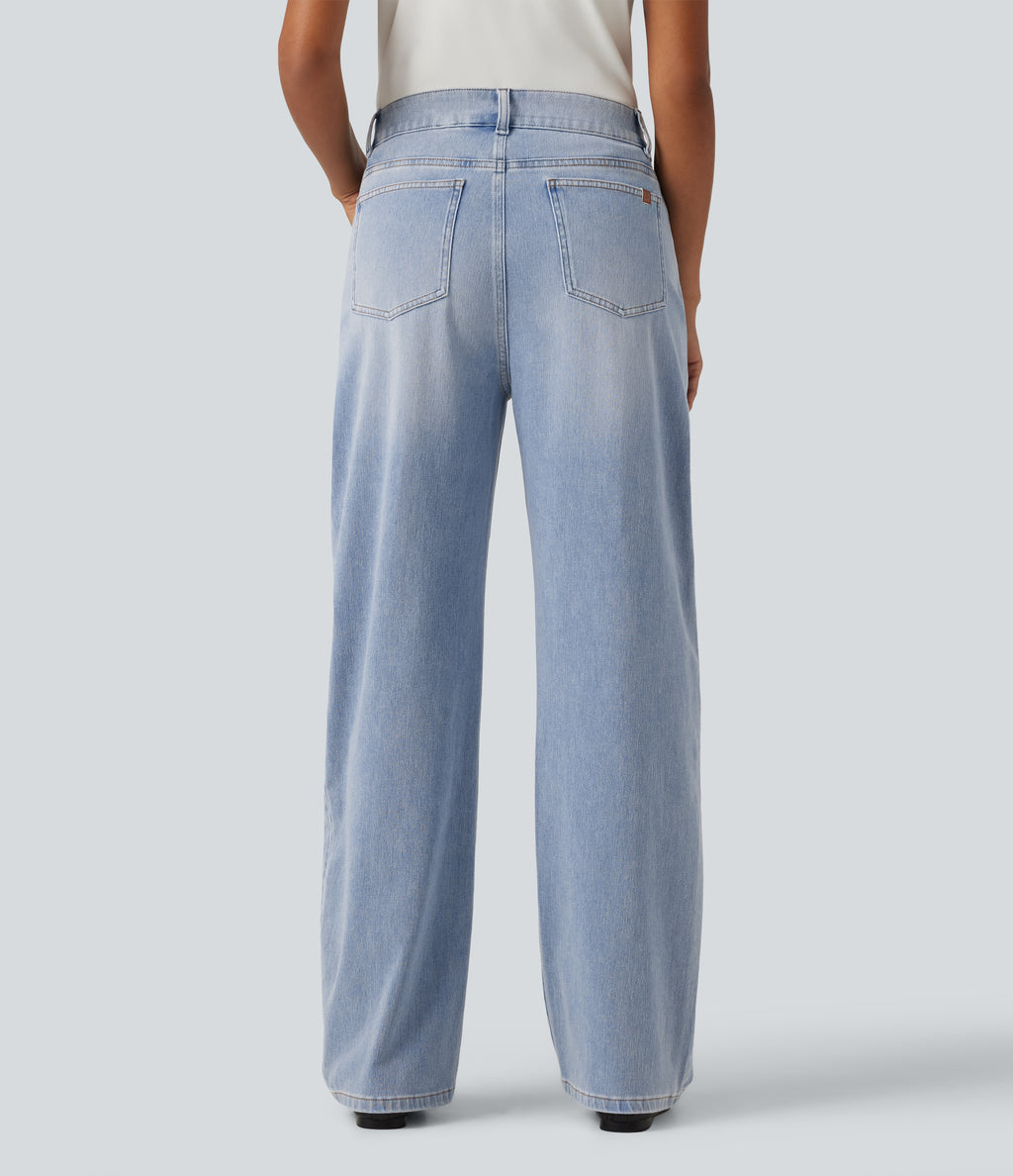 High Waisted Barrel Leg Casual Jeans with Pockets — Malibu Blue Denim — view 2