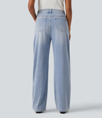 High Waisted Barrel Leg Casual Jeans with Pockets — Malibu Blue Denim — view 2