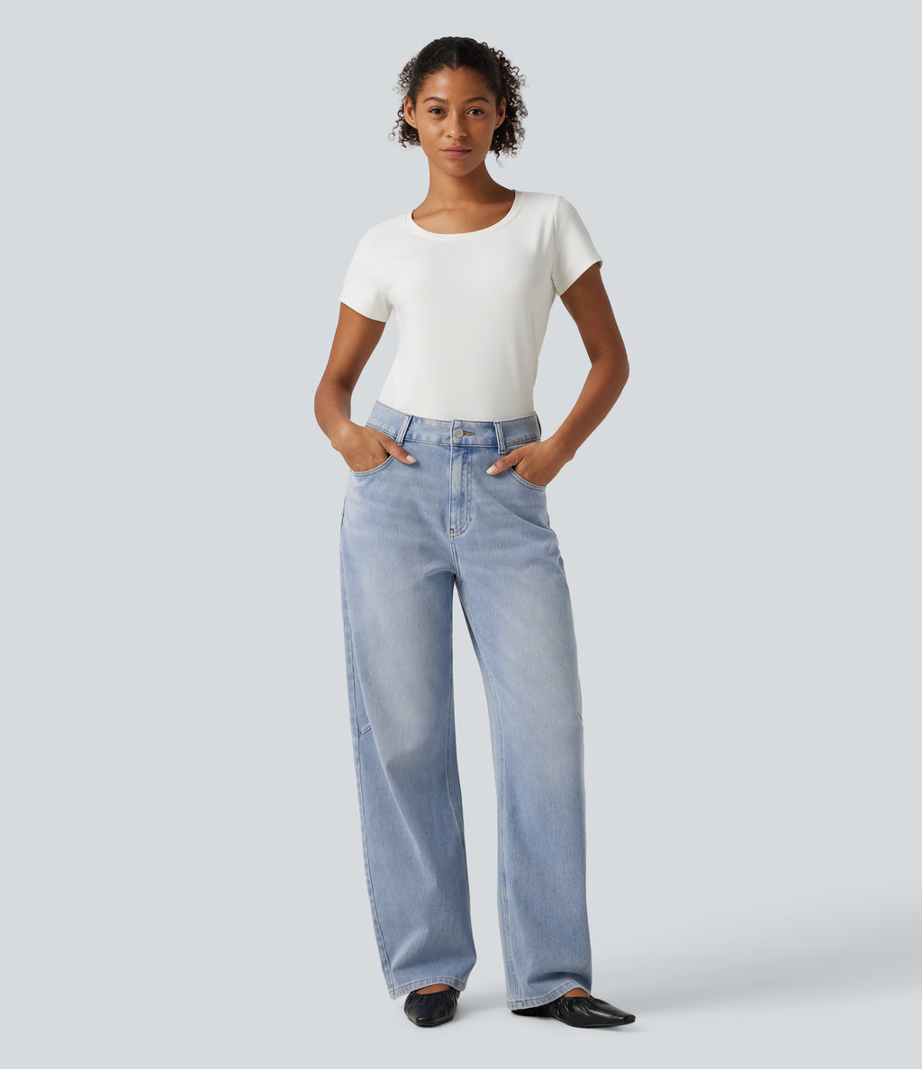High Waisted Barrel Leg Casual Jeans with Pockets — Malibu Blue Denim — view 7