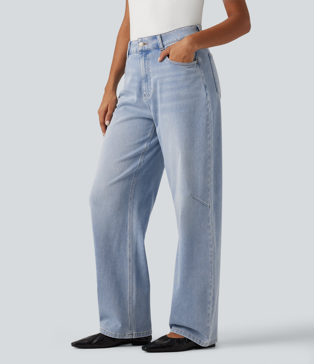 High Waisted Barrel Leg Casual Jeans with Pockets — Malibu Blue Denim — view 3