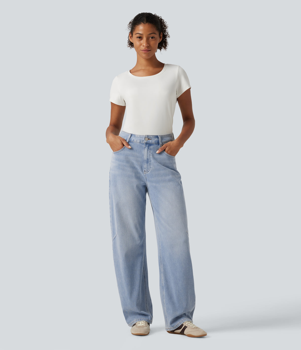 High Waisted Barrel Leg Casual Jeans with Pockets — Malibu Blue Denim — view 6
