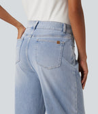 High Waisted Barrel Leg Casual Jeans with Pockets — Malibu Blue Denim — view 4