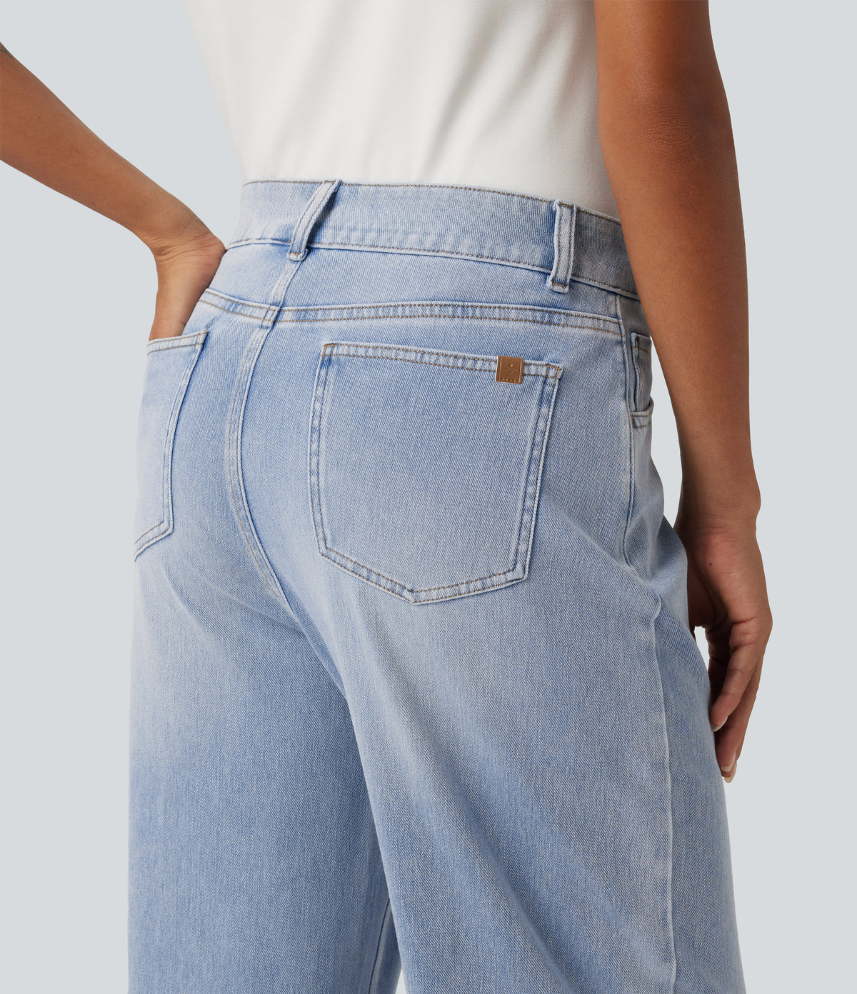High Waisted Barrel Leg Casual Jeans with Pockets — Malibu Blue Denim — view 4