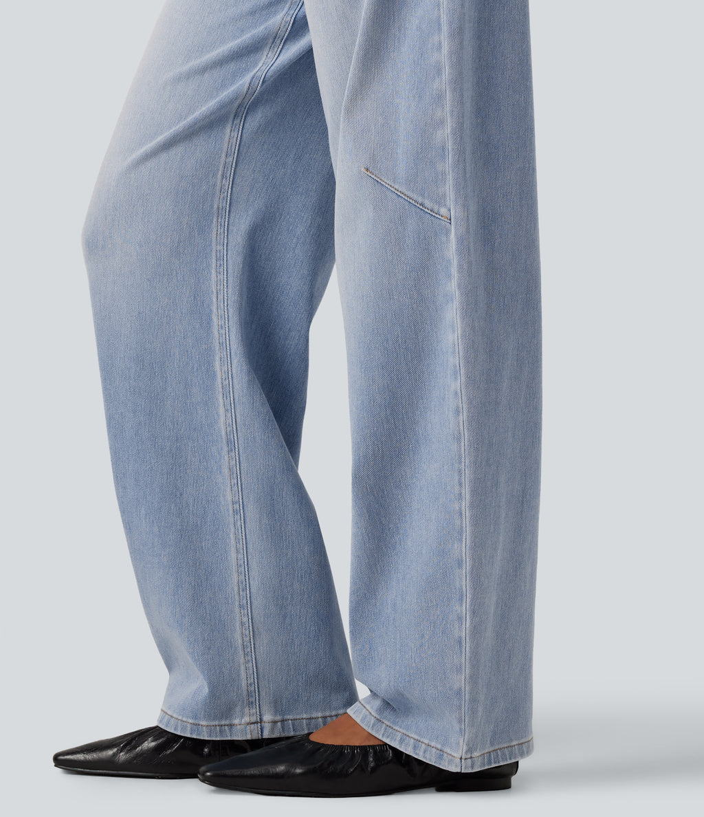 High Waisted Barrel Leg Casual Jeans with Pockets — Malibu Blue Denim — view 5