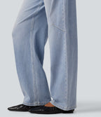 High Waisted Barrel Leg Casual Jeans with Pockets — Malibu Blue Denim — view 5