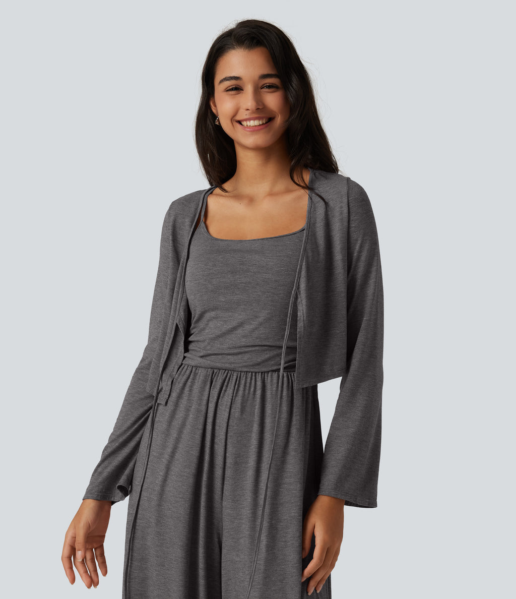 V Neck Tie Front Long Sleeve Casual Top — Darl Gray Floral Yarn — view 4
