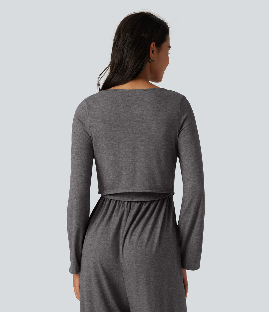 V Neck Tie Front Long Sleeve Casual Top — Darl Gray Floral Yarn — view 2