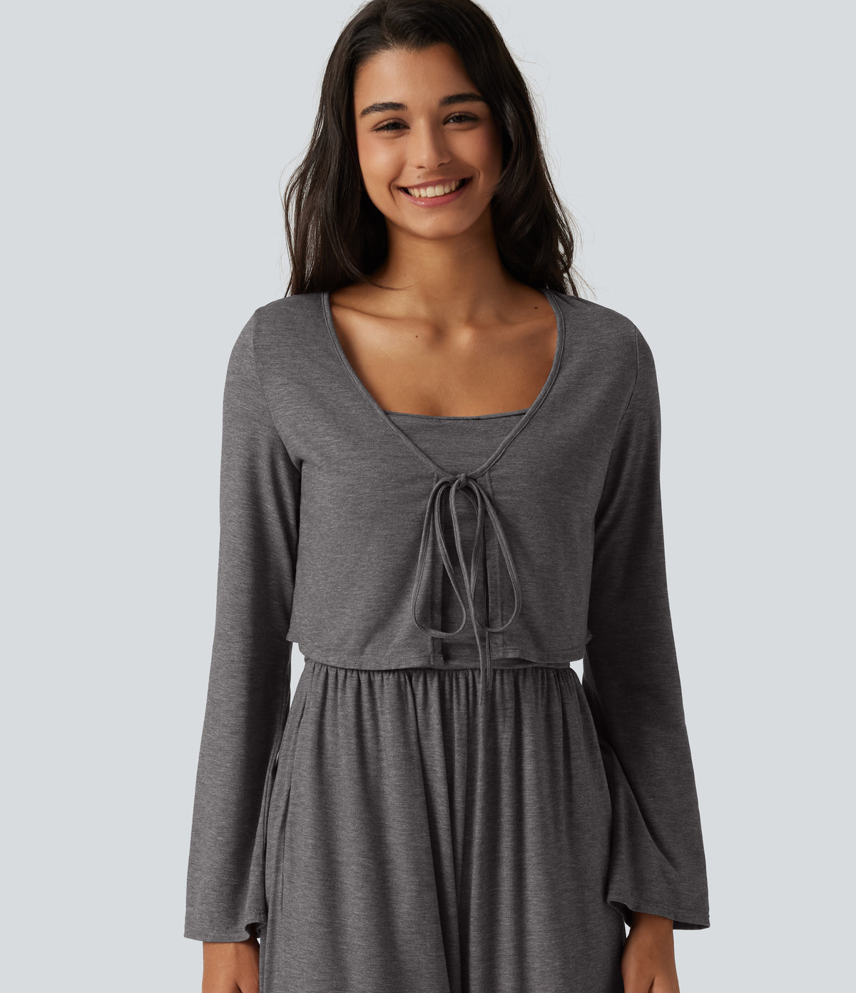 V Neck Tie Front Long Sleeve Casual Top — Darl Gray Floral Yarn — view 1