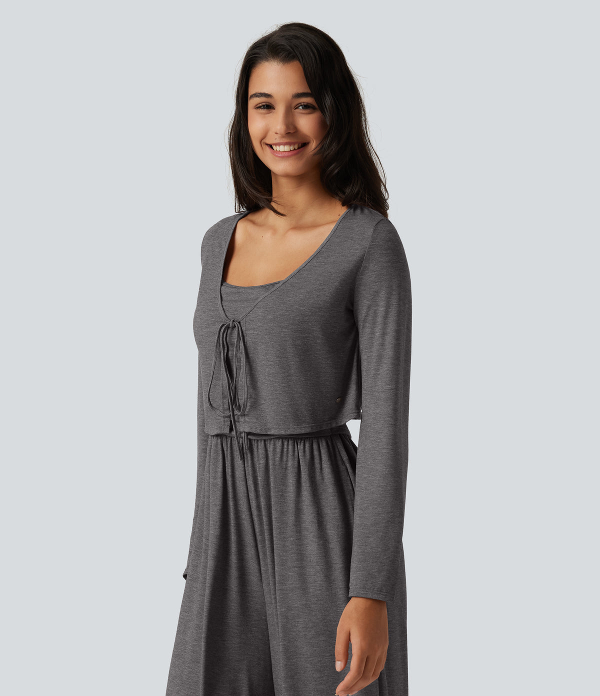 V Neck Tie Front Long Sleeve Casual Top — Darl Gray Floral Yarn — view 3