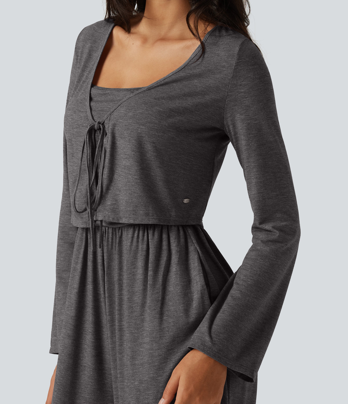 V Neck Tie Front Long Sleeve Casual Top — Darl Gray Floral Yarn — view 5