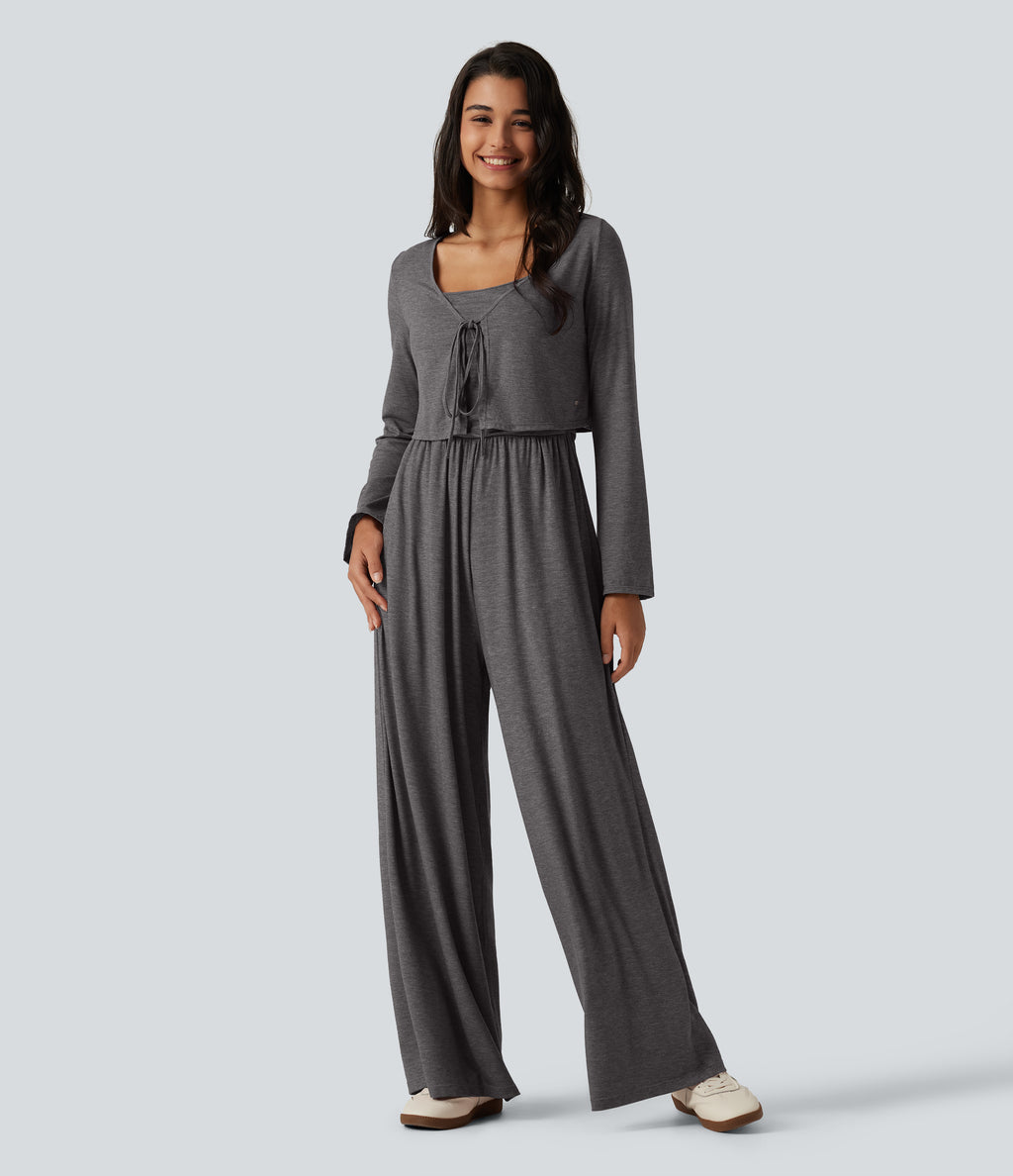 V Neck Tie Front Long Sleeve Casual Top — Darl Gray Floral Yarn — view 7