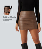 High Waisted Ruched Curved Hem 2-in-1 Fleece PU Mini Bodycon Skirt — Rustic Brown — view 1