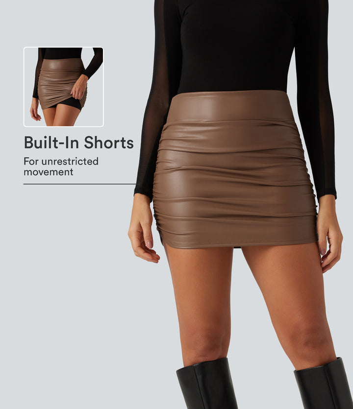 High Waisted Ruched Curved Hem 2-in-1 Fleece PU Mini Bodycon Skirt — Rustic Brown — view 1