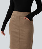High Waisted Bodycon Suede Mini Party Skirt with Pockets — Coca Mocha — view 4