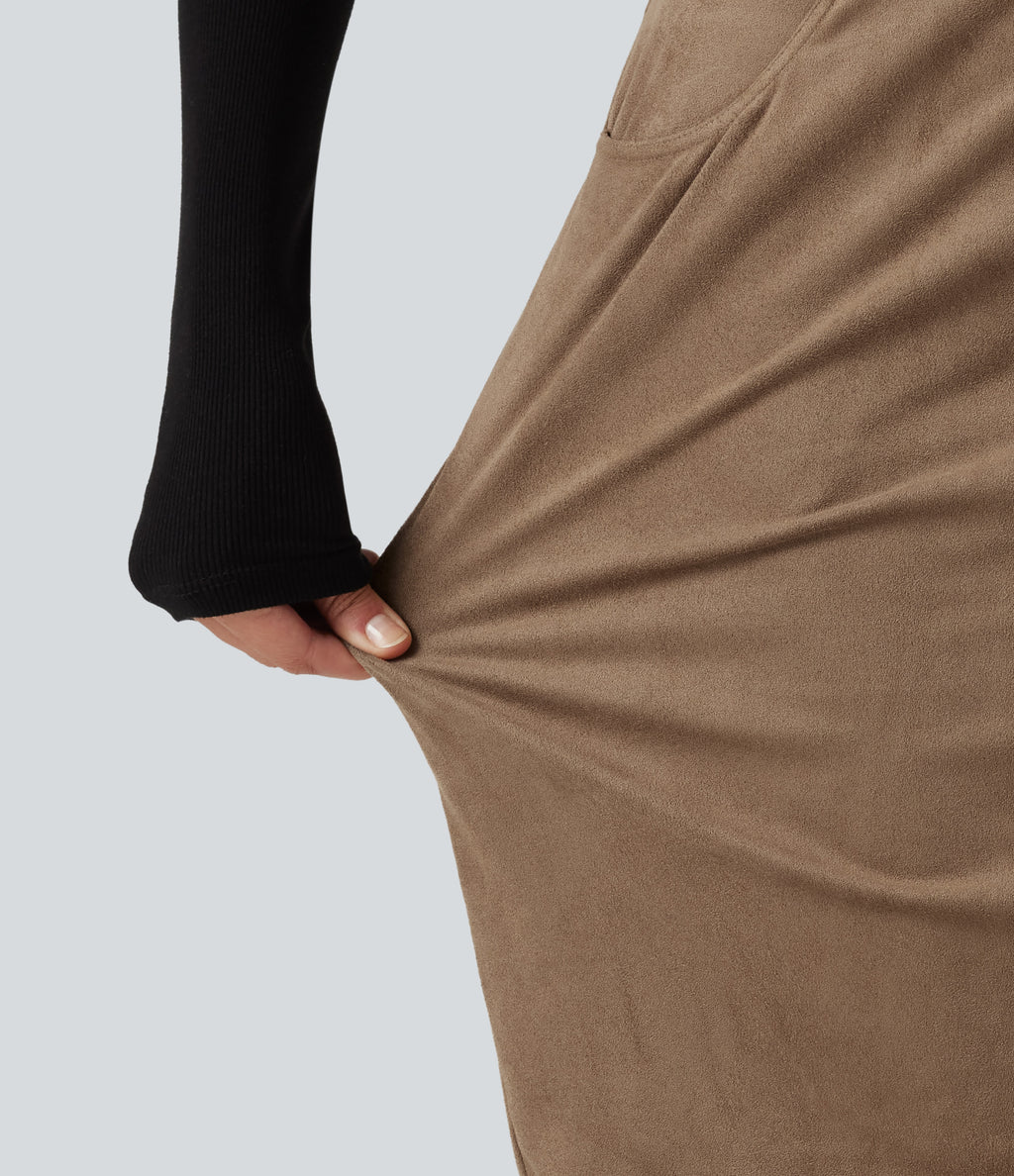 High Waisted Bodycon Suede Mini Party Skirt with Pockets — Coca Mocha — view 6