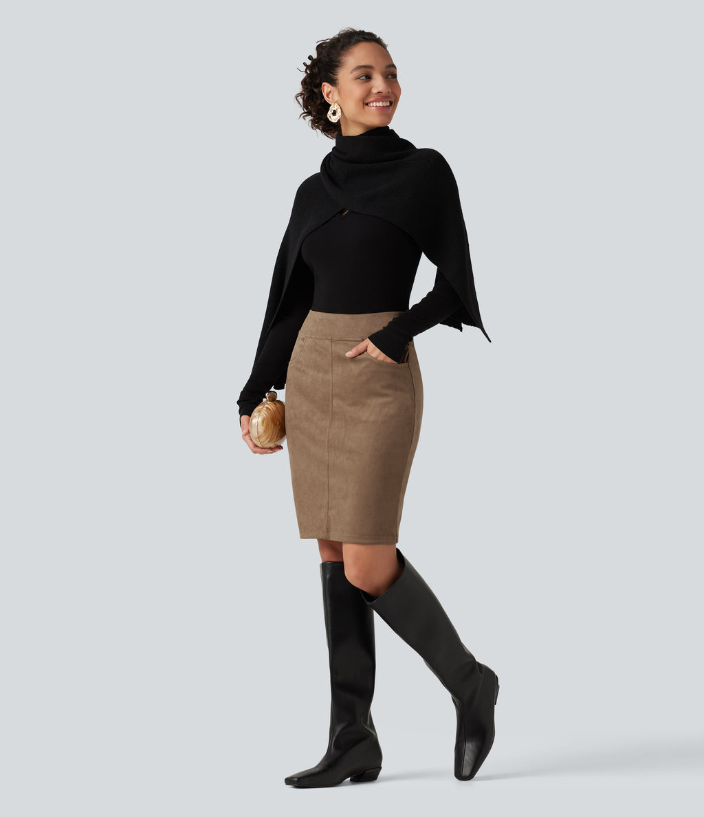 High Waisted Bodycon Suede Mini Party Skirt with Pockets — Coca Mocha — view 7
