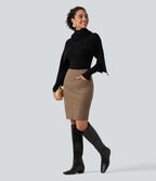 High Waisted Bodycon Suede Mini Party Skirt with Pockets — Coca Mocha — view 7