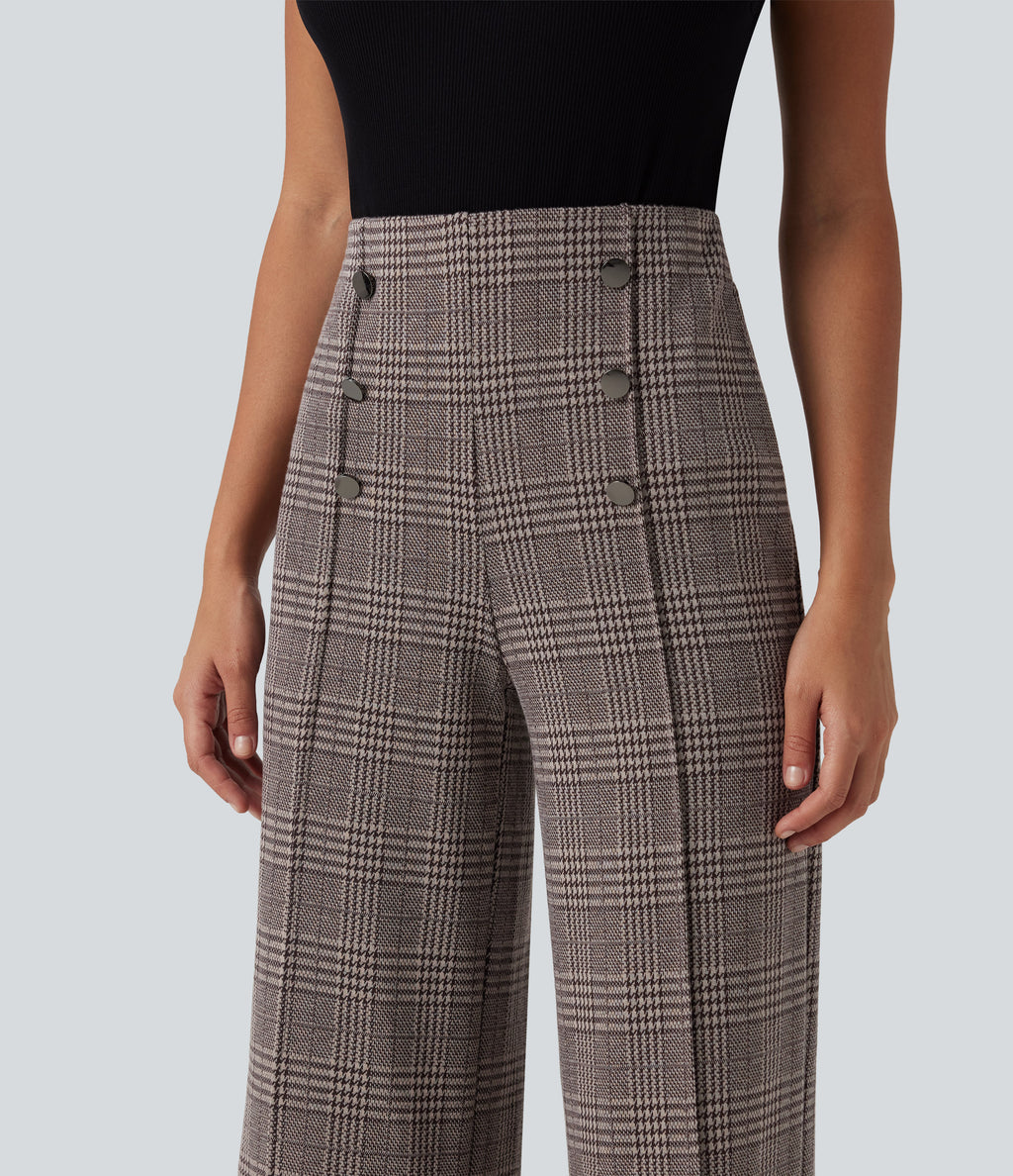High Waisted Wide Leg Plaid Casual Trousers with Pockets — Brown Houndstooth Plaid — view 4