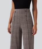High Waisted Wide Leg Plaid Casual Trousers with Pockets — Brown Houndstooth Plaid — view 4
