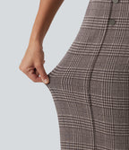High Waisted Wide Leg Plaid Casual Trousers with Pockets — Brown Houndstooth Plaid — view 6
