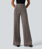 High Waisted Wide Leg Plaid Casual Trousers with Pockets — Brown Houndstooth Plaid — view 1