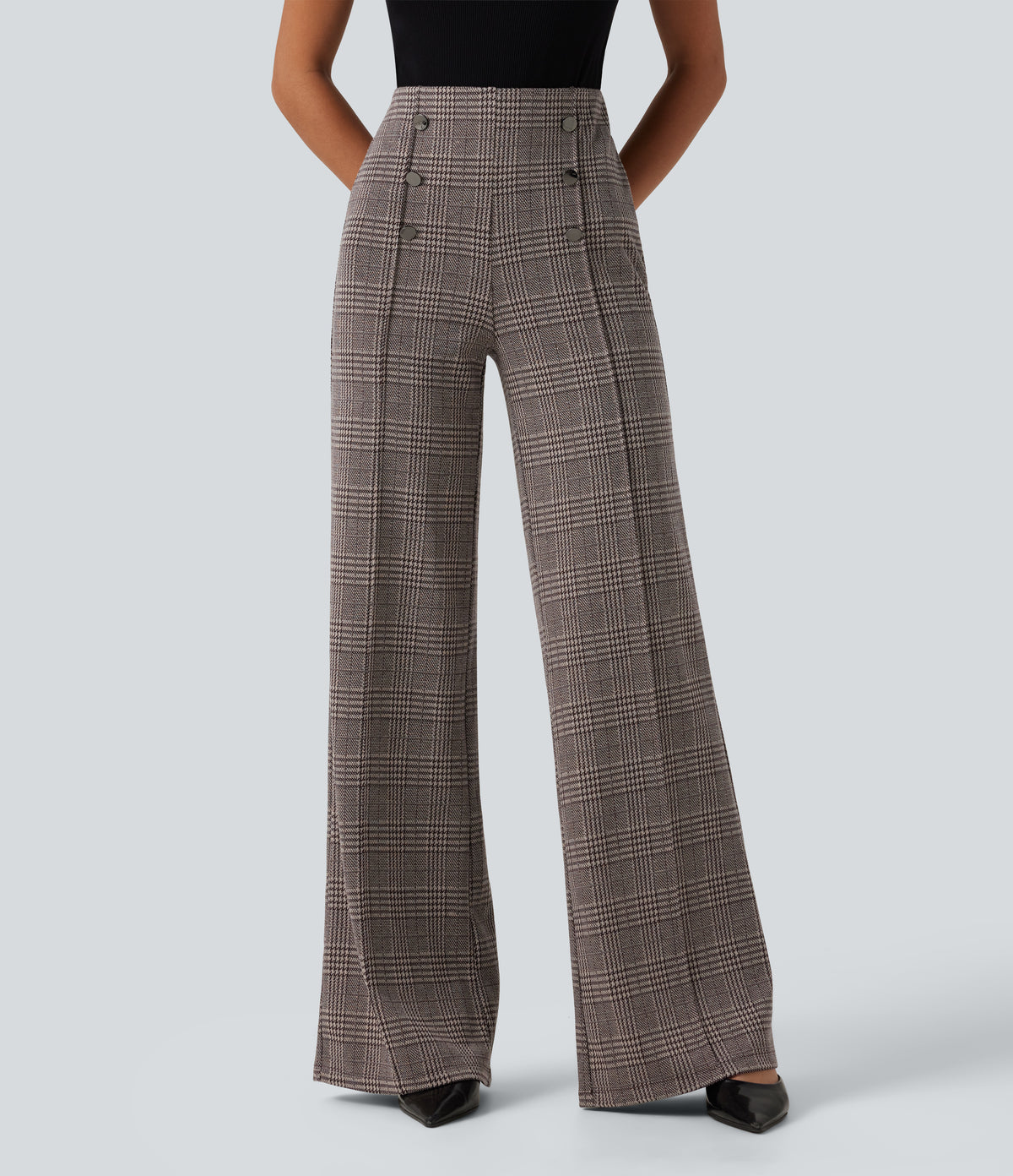 High Waisted Wide Leg Plaid Casual Trousers with Pockets — Brown Houndstooth Plaid — view 1