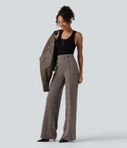High Waisted Wide Leg Plaid Casual Trousers with Pockets — Brown Houndstooth Plaid — view 7