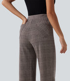 High Waisted Wide Leg Plaid Casual Trousers with Pockets — Brown Houndstooth Plaid — view 5