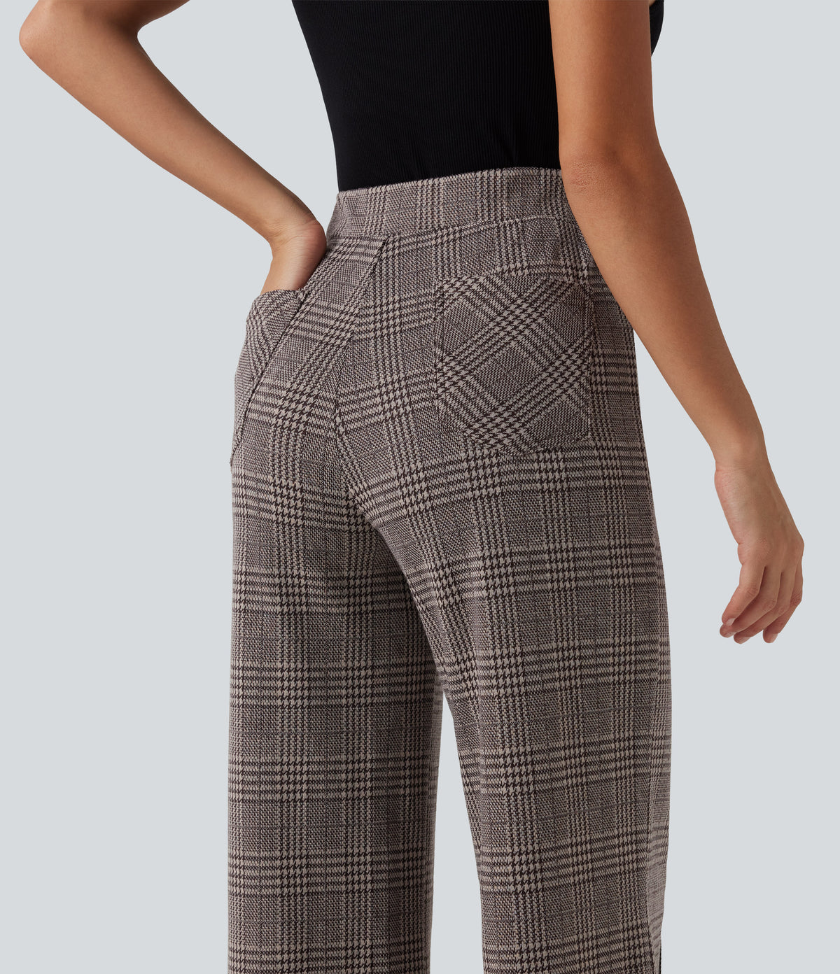 High Waisted Wide Leg Plaid Casual Trousers with Pockets — Brown Houndstooth Plaid — view 5