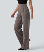 High Waisted Wide Leg Plaid Casual Trousers with Pockets — Brown Houndstooth Plaid — view 3