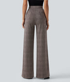 High Waisted Wide Leg Plaid Casual Trousers with Pockets — Brown Houndstooth Plaid — view 2