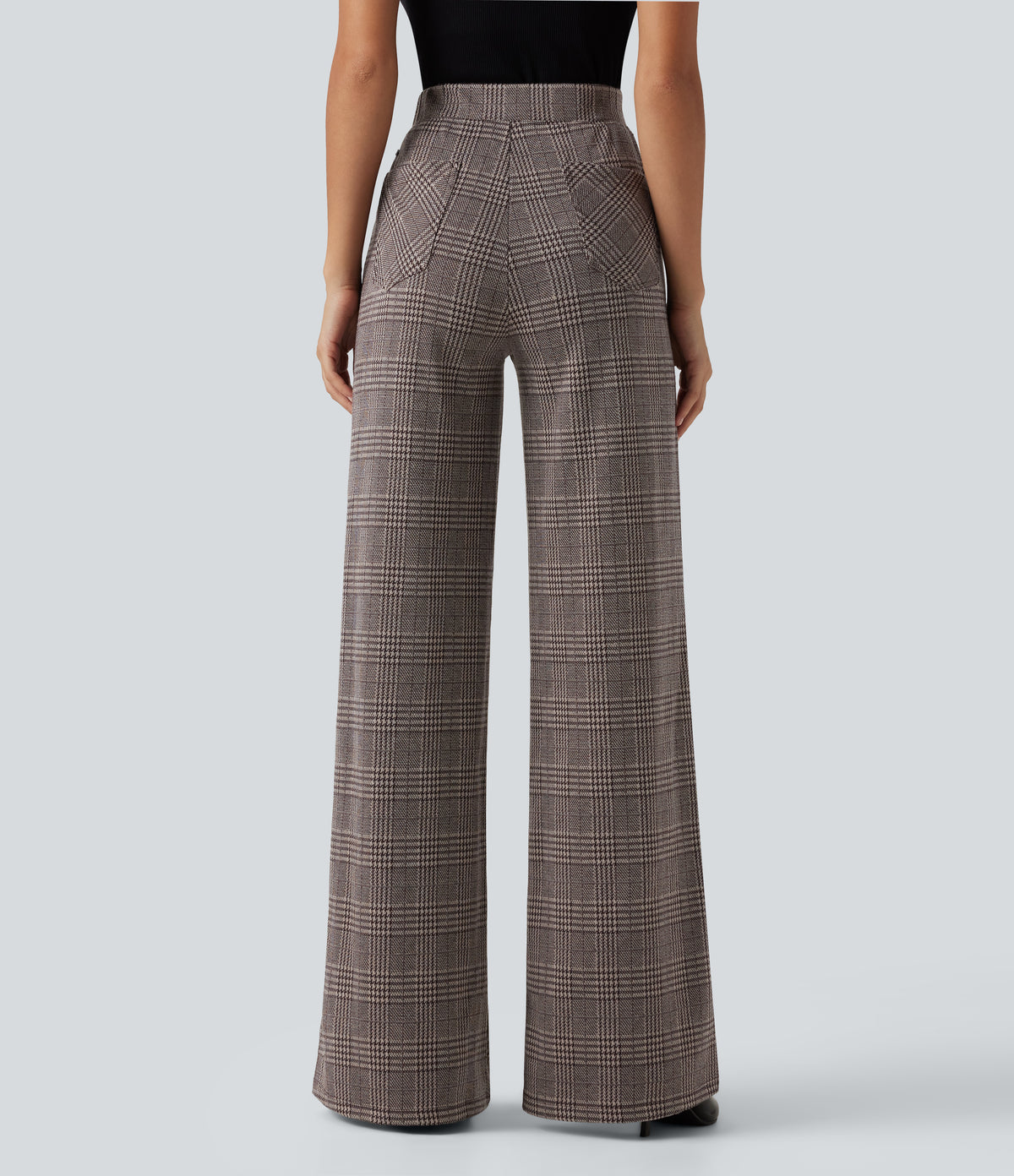 High Waisted Wide Leg Plaid Casual Trousers with Pockets — Brown Houndstooth Plaid — view 2
