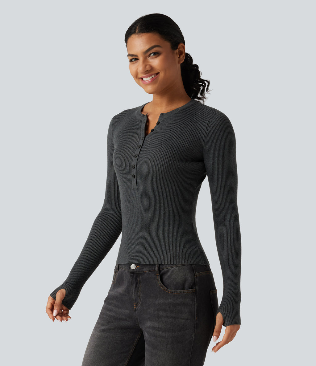 Henley Neck Long Sleeve Thumb Hole Work Wool-Blend Jumper — Volcanic Ash — view 3